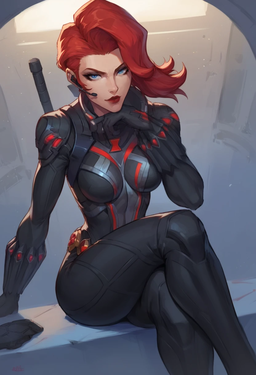 score_9, score_8_up, score_7_up, score_6_up, expressiveh, blackwidow_rivals, 1girl, solo, cowboy shot, red hair, asymmetrical hair, headset microphone, eyeliner, blue eyes, red lips, bodysuit, black bodysuit, gloves, black gloves, forearm guns, high heels, black clothes, red details, red glow, posing, pose, looking at viewer, closed mouth, sitting, (crossed legs), sitting with legs crossed, indoors, godrays, dynamic light, dramatic light, sitting on chair, half-closed eyes, smiling, seductive smile, head rest, hand on own chin, from above, space station background, technologic background, indoors, dynamic angle, dynamic pose, shield helicarrier <lora:cutesexyronutts_style_xl:0.9> <lora:Black_Widow_Marvel_Rivals_-_PonyXL:0.6>