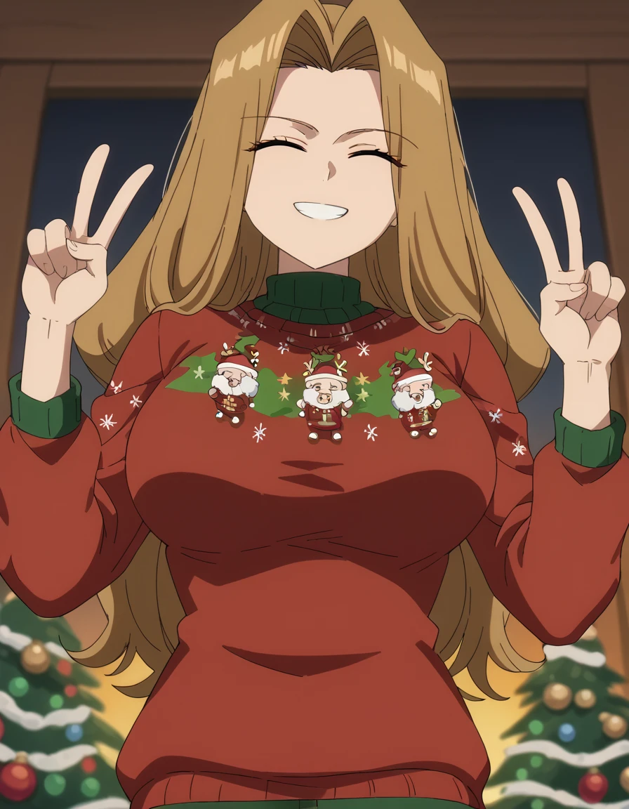 score_9, score_8_up, score_7_up, source_anime, <lora:methode-s1-ponyxl-lora-nochekaiser:1>, methode, long hair, brown hair, purple eyes, hair intakes, large breasts, anime screencap, <lora:christmas-sweater-ponyxl-lora-nochekaiser:1>, christmas sweater, christmas, ugly sweater, print sweater, red sweater, christmas tree, christmas ornaments, sweater, multicolored sweater, , v, smile, hands up, teeth, closed eyes, cowboy shot,, , dutch angle, cowboy shot