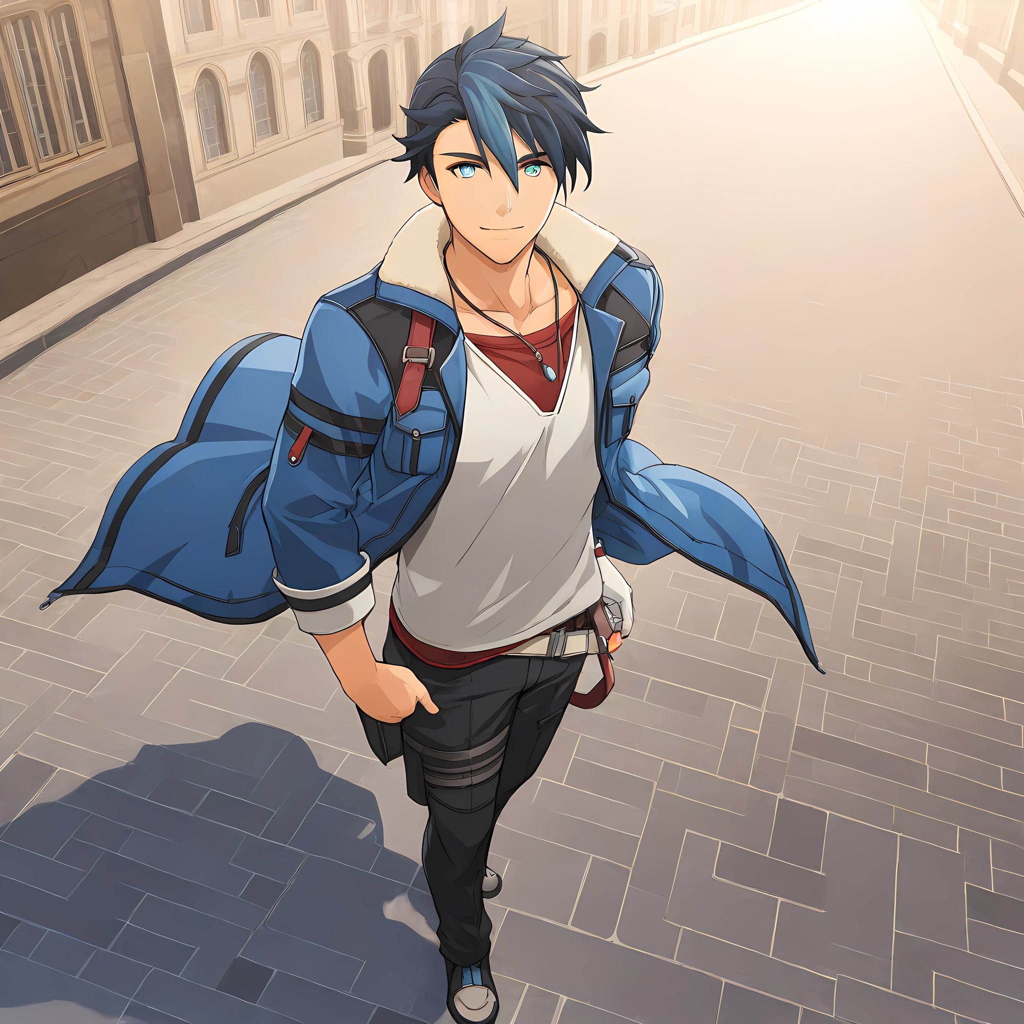 van arkride, 1boy, male focus, solo, jewelry, blue hair, necklace, blue eyes, full body, single glove, city background, smile, upper body, <lora:VanArkrideIllustXL:1>, (masterpiece),(best quality),(ultra-detailed),(best illustration),(best shadow),(absurdres),(detailed background),(very aesthetic),