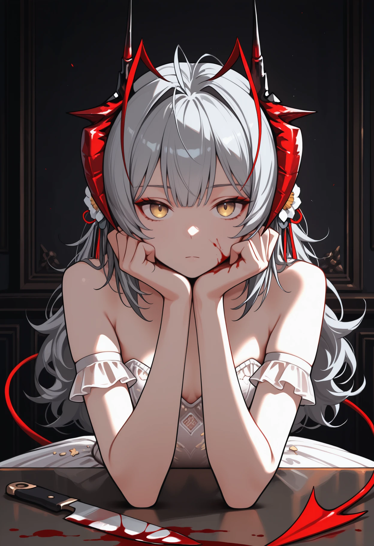 masterpiece, best quality, upper body, solo, 1girl, wblt, demon tail, blood on face, expressionless, looking at viewer, head rest, holding knife, long hair, grey hair, antenna hair, hair ornament, hair flower, red horns, demon horns, antennae, yellow eyes, ballerina, white dress, strapless dress, white leotard, arm garter, bare shoulders, indoors, dark background, table
<segment:yolo-Anzhc Face seg 640 v2 y8n.pt,0.4,0.5//cid=1>