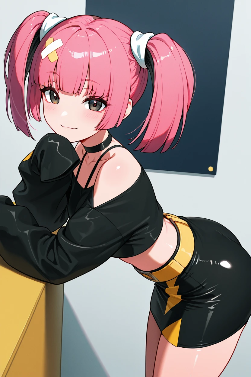 masterpiece, best quality, 1girl, solo, 21 year old model, eyelashes, (beautiful eyes), zzSango, pink hair, twintails, blunt bangs, hair ornament, belt, long sleeves, sleeves past fingers, black skirt, black choker, black crop top, bare shoulders, yellow belt, bandaid, midriff, collarbone,   <lora:SangoPokemonIXL_v1:1.0>, side view, ass, leaning forward, cowboy shot, smile, looking at viewer, shiny skin,