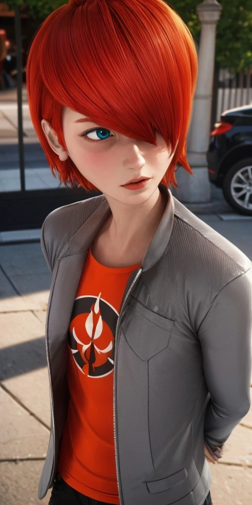 Hyperrealistic, photorealistic, super detailed, dark gray jacket with a folded collar, red orange t-shirt with a black logo under jacket, (1boy), skin colored lips, face length red-orange hair, long bangs that are brushed to the left side of his face, turquoise eyes, body like in real life, large pores, fairly short, unreal engine, octane render, droped shadow, bokeh, cinematic lighting, <lora:add_detail:0.5>, <lora:Volumetric_lighting:0.6>, Nathaniel Kurtzberg, , <lora:e43a4728-1103-40e5-b9a0-088f7dd6a72b:0.7>