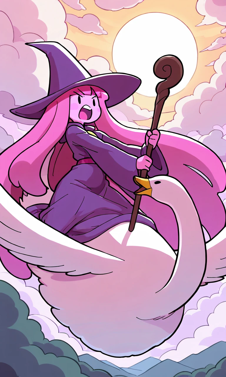 adventuretime_pb, ((masterpiece, best quality)), ((1girl, solo, very long hair, pink hair, pink skin)), ((wizard hat, wizard drobe, very long robe)), ((v-shaped eyebrows, open mouth, holding staff, riding animal, giant swan, flying)), ((outdoors, cloudy sky)), <lora:adventuretime_pb:1>