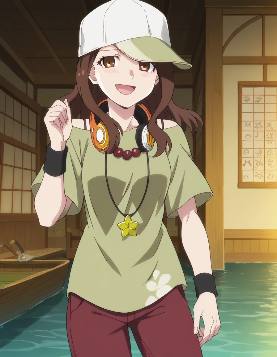 score_9, score_8_up, score_7_up, source_anime, <lora:izuko-gaen-offmonster-ponyxl-lora-nochekaiser:1>, izuko gaen, long hair, brown hair, brown eyes, medium breasts, anime screencap, shirt, hat, jewelry, pants, necklace, star (symbol), wristband, baseball cap, green shirt, headphones, headphones around neck,, dock, water, boats, wood, mooring, smile, <lora:pov-bullying-ponyxl-lora-nochekaiser:1> pov bullying, teasing, smug, bullying, laughing, open mouth, blush, hand up, cowboy shot,, looking at viewer, solo,, dutch angle, cowboy shot