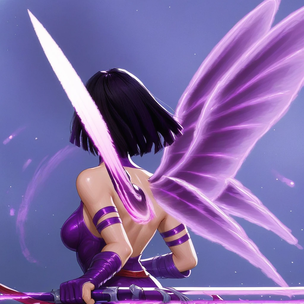 from behind, holding, wings, purple gloves, breasts, gloves, purple hair, bare shoulders, holding sword, solo, black hair