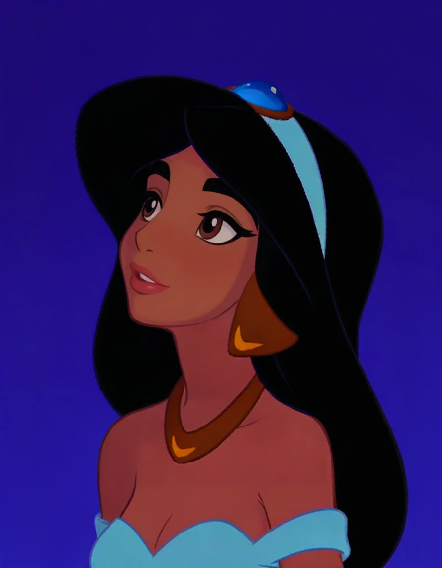 princess-jasmine, profile view, eyes closed, head tilted up, blue headband, gold earrings, gold necklace, blue outfit, portrait, gradient purple background  <lora:jasmine-fixed-64:1.2>