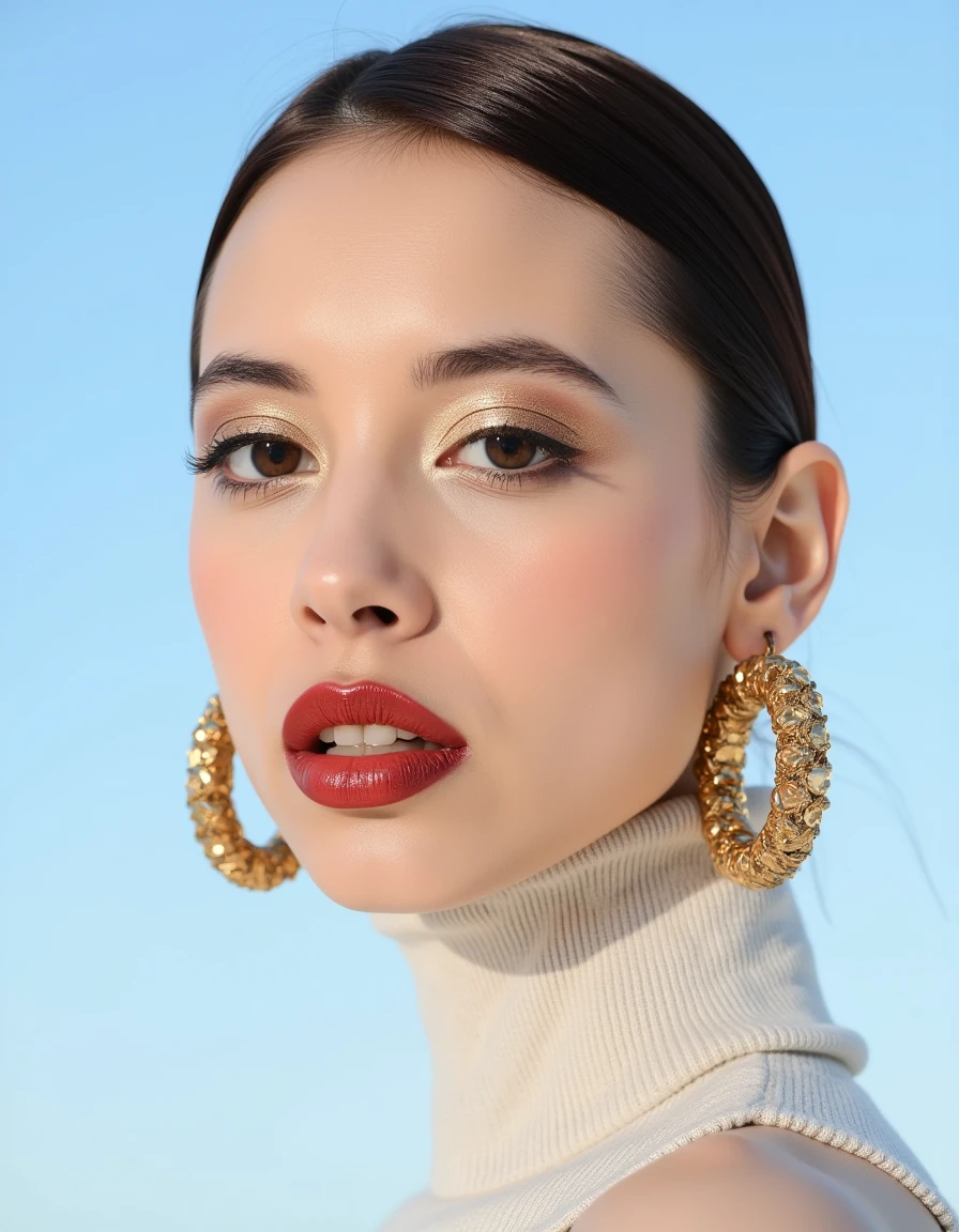 A hyper-detailed, avant-garde photograph featuring a striking woman with pale light skin against a clear, light blue sky. Her full-face close-up highlights the smooth texture of her flawless complexion. Shimmering metallic eyeshadow enhances the depth of her piercing gaze, while her glossy, deep red lips create a bold contrast to her skin. Large, intricately detailed golden hoop earrings reflect light, contributing to her modern allure. She wears metallic urban Buddhist monk clothing, with a turtle neck that enhances her avant-garde look. The reflective surfaces of her earrings and outfit create a dynamic interplay with the environment, emphasizing her sleek presence. The minimalist background allows the viewer to focus on her eye-catching fashion and makeup. Captured with a Sony A7R IV camera and a 50mm f/1.2 G Master lens for a beauty editorial shoot, this composition highlights her fashion-forward aesthetic. Inspired by avant-garde fashion photography from Sølve Sundsbø, this image blends contemporary fashion and minimalist elegance, embodying mythp0rt and niji_flux styles for a sleek, high-fashion vision. ((glow_skin, iridescent skin, oily skin, portrait)). ((no logo))