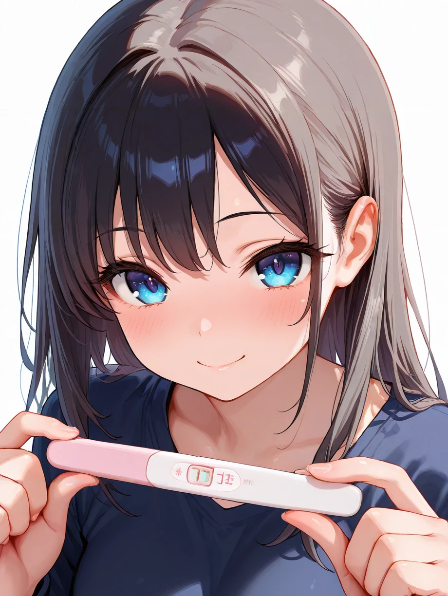 masterpiece,amazing quality,best quality,ultra-detailed,8K,illustration,CG,shiny hair,clear skin,ultra-detailed-eyes,simple background,cute girl, eyelashes <lora:Pregnancy test_illustrious_V1.0:0.8> pregnancy test, holding, smile, blush