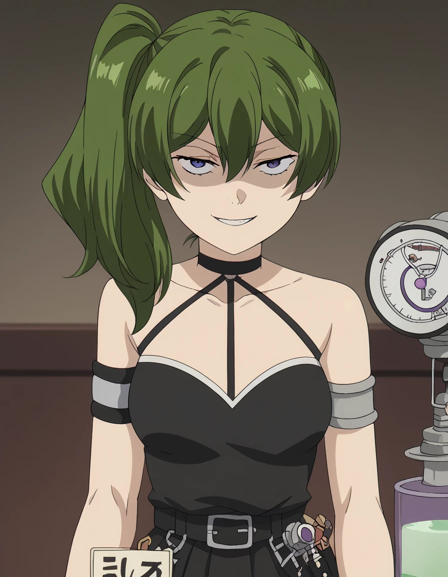 score_9, score_8_up, score_7_up, source_anime, <lora:ubel-s1-ponyxl-lora-nochekaiser:1>, ubel, medium hair, hair between eyes, green hair, side ponytail, purple eyes, medium breasts, anime screencap, skirt, gloves, dress, bare shoulders, pleated skirt, sleeveless, black gloves, elbow gloves, belt, miniskirt, black skirt, black dress, thigh strap, sleeveless dress, halterneck, armband, single glove, black belt, pleated dress, arm strap,, laboratory, beakers, microscope, scientist, experiments, , <lora:just-as-planned-ponyxl-lora-nochekaiser:1> just as planned, just as planned (meme), meme, death note (object), parody, evil grin, evil smile, smirk, shaded face,, looking at viewer, solo,, dutch angle, cowboy shot