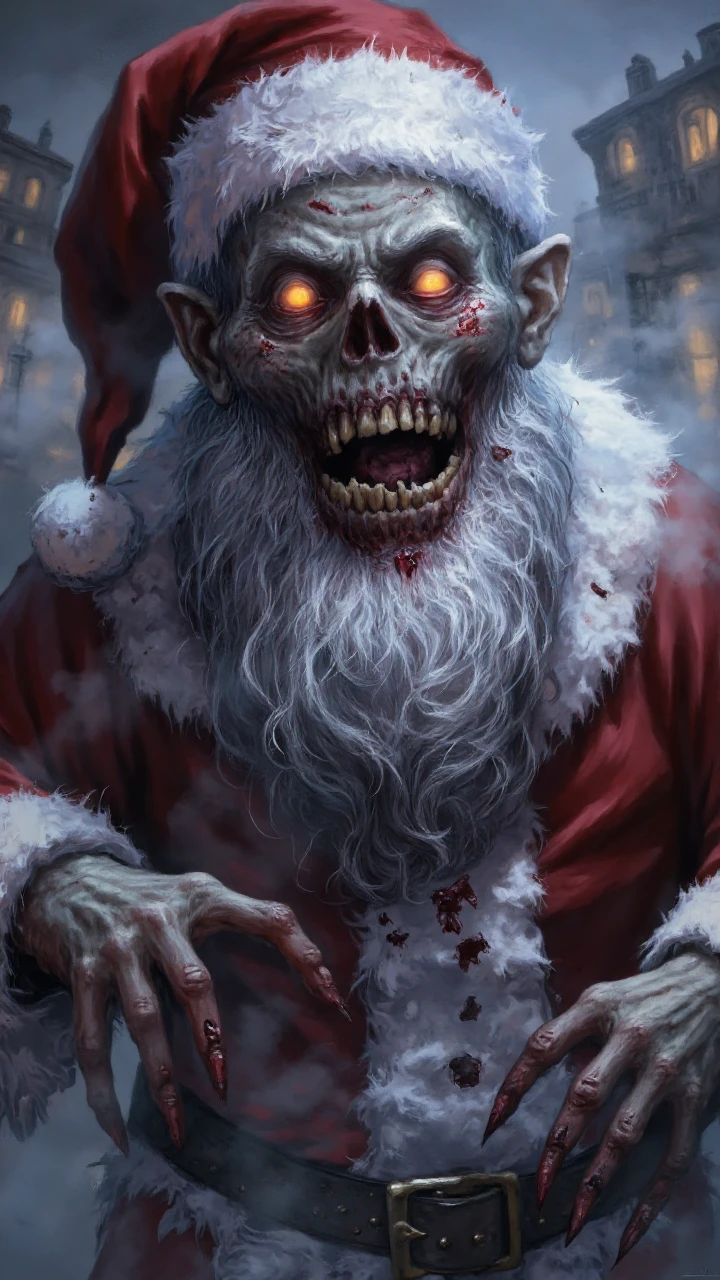 mtg,Closeup Portrait of A rotten zombie Santa Claus with rotten emaciated fingers and blind yellow dead eyes, blood dripping from mouth, surrounded by white fog and smoke, Fantastic lighting. Detailed shadows.intricate details, vivid colors, hyper-detailed, ultra-sharp, <lora:MTG_-_FLUX:1>