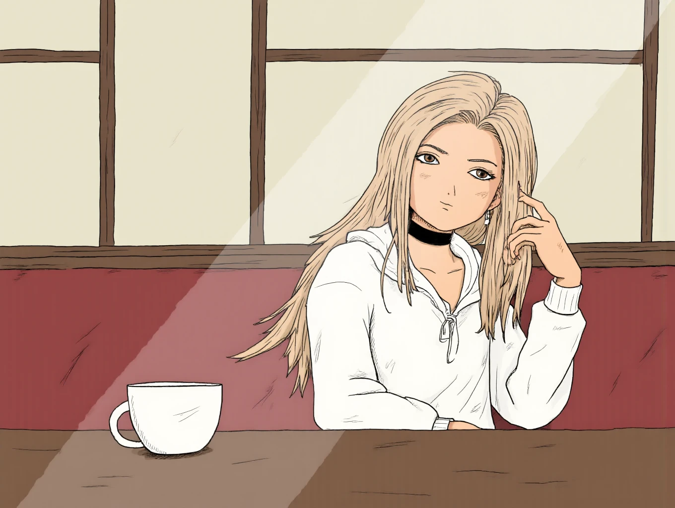 A detailed painting in the leaveastory_style depicting android181x with long, light brown hair and brown peepers, rocking a white hoodie and a black choker. She's chilling at a table in a cozy café, holding a white mug. The backdrop features a big window with soft daylight streaming in.
