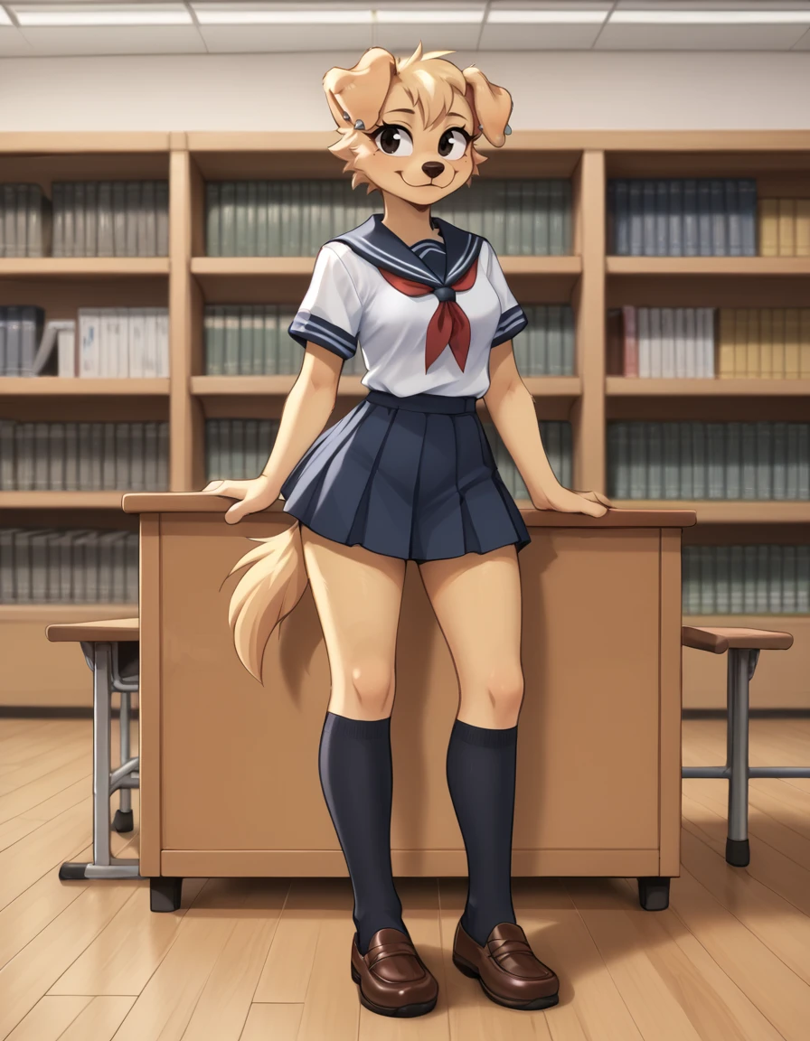 indoors,library,
full body,smile,long eyelashes,
school uniform,kneehighs,
<lora:Bherri_v01_PDXL:1>,Bherri,1girl,solo,furry female,dog girl,dog ears,dog tail,short hair,blonde hair,bangs,body fur,brown fur,two-tone fur,animal nose,black eyes,earrings,