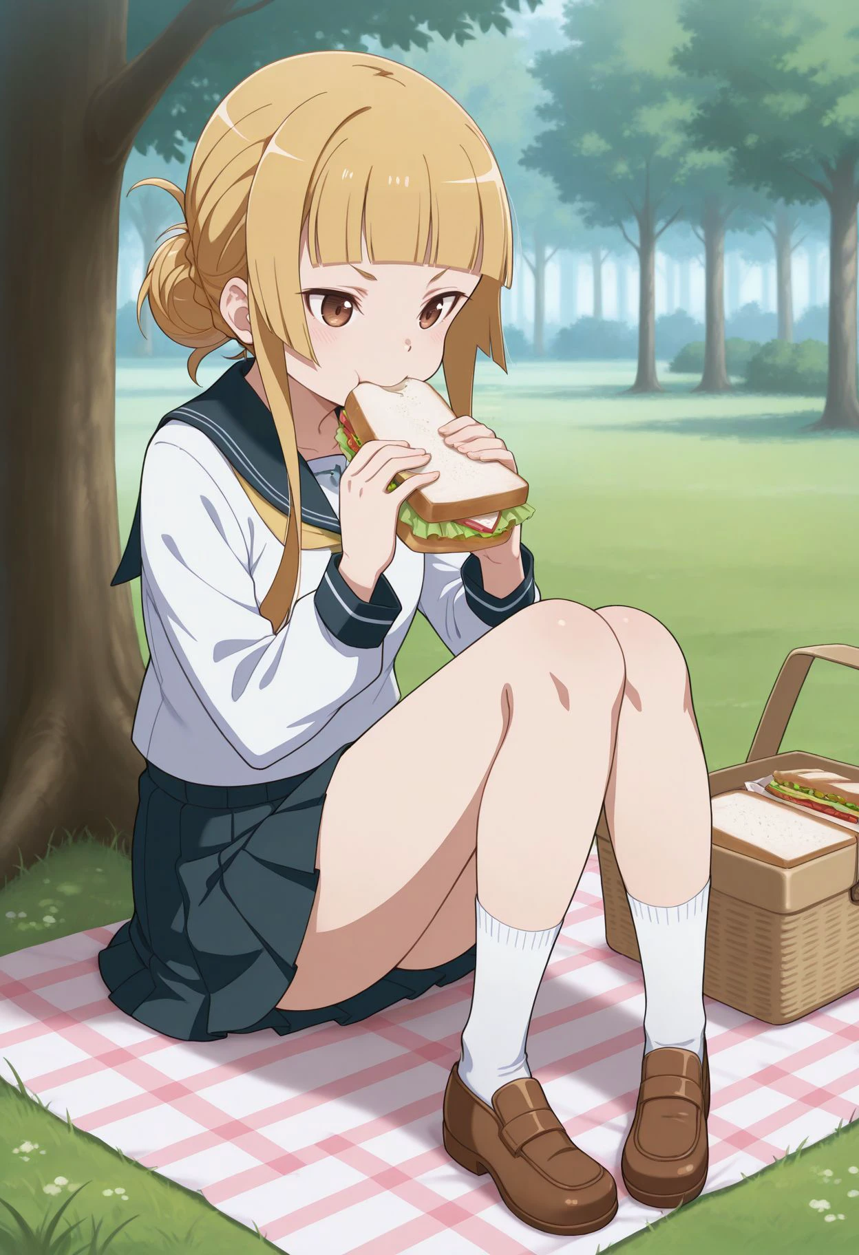 masterpiece, best quality,   <lora:Sao Fuka v2:1> fuka (sao), 1girl, blonde hair, brown eyes, long hair, sidelocks, blunt bangs, serafuku, school uniform, pleated skirt, black miniskirt, white socks, brown footwear, sitting, outdoors, eating, sandwich, picnic, picnic basket, on floor, grass, tree,