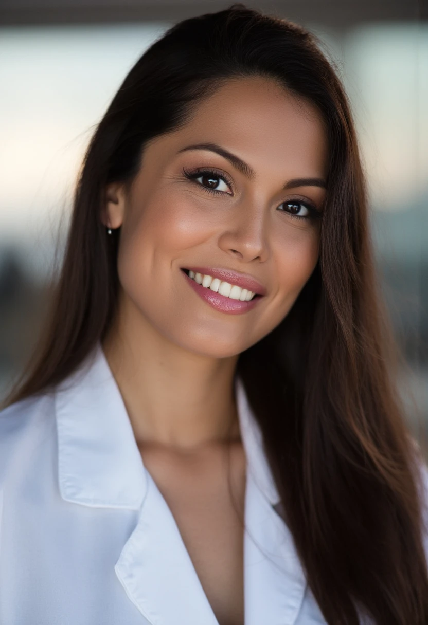 the image is a high-quality professional  close-up photograph of  beautiful raquelpomplun. She is wearing lab coat. She is looking directly at the viewer and smiling. The background is alley. This photo is a headshot. Shot with small amount of film grain. This is a SFW image. 