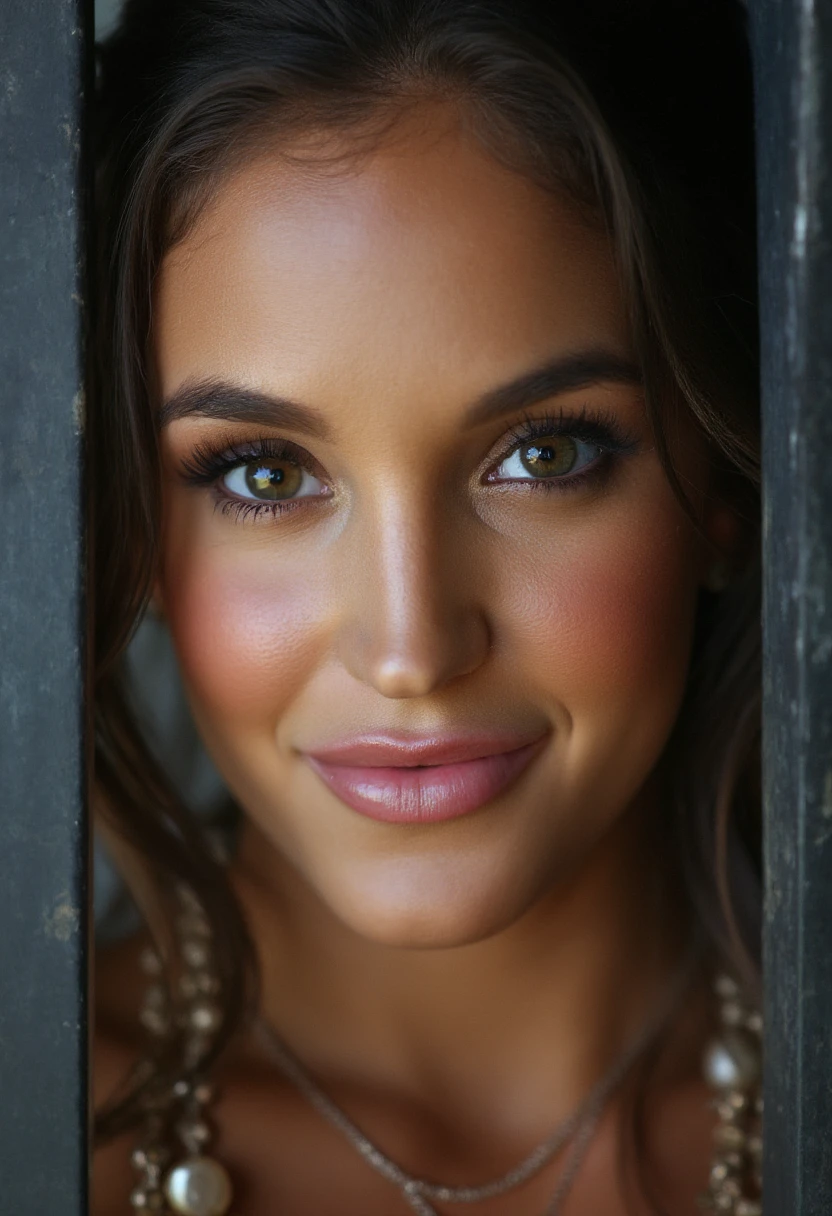 the image is a high-quality professional  close-up photograph of  beautiful jaclynswedberg .  She is wearing beaded. She is looking directly at the viewer and smiling. The background is prison cell. This photo is a headshot. Shot with small amount of film grain. This is a SFW image. 