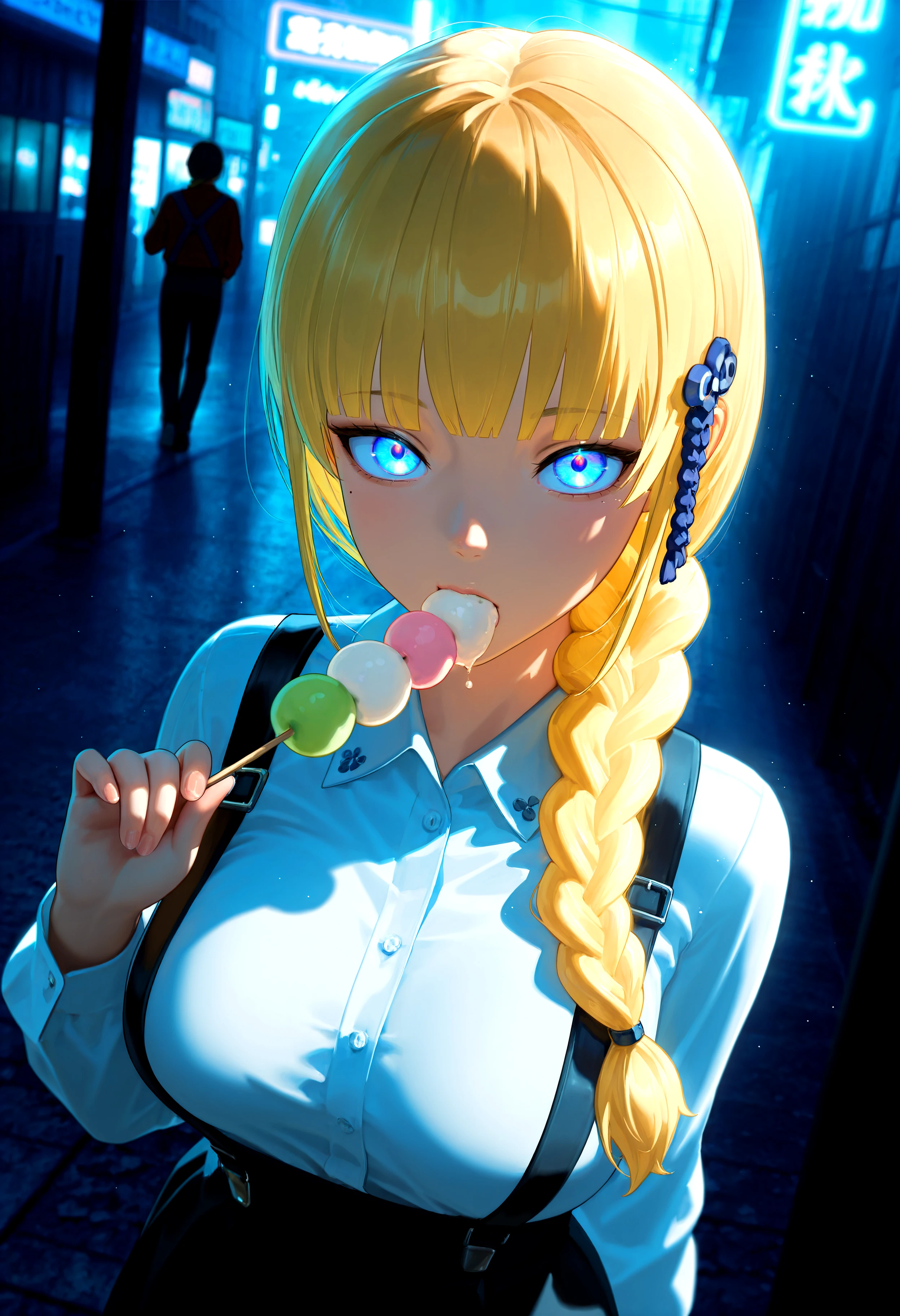 HDR, 8K, high contrast, masterpiece, best quality, amazing quality, very aesthetic, high resolution, ultra-detailed, absurdres, newest, scenery, crazy shadow, dynamic angle, chiaroscuro, close up, Dango, Dango on a stick, neon lights, gw_yui, 1girl, blue eyes, multicolored eyes, long hair, blonde hair, blunt bangs, braid, single braid, hair over shoulder, hair ornament, large breasts, shirt, long sleeves, black skirt, suspenders, eating, food, holding stick, looking at viewer, cyberpunk, glowing, solo focus, fog, BREAK, photorealistic, beautiful detailed eyes, detailed skin, detailed hair, volumetric lighting, dappled light, light particles, dramatic shadows, cinematic lighting, photo background, depth of field, <lora:IL\KMS_GW_Yui_IL:0.8>