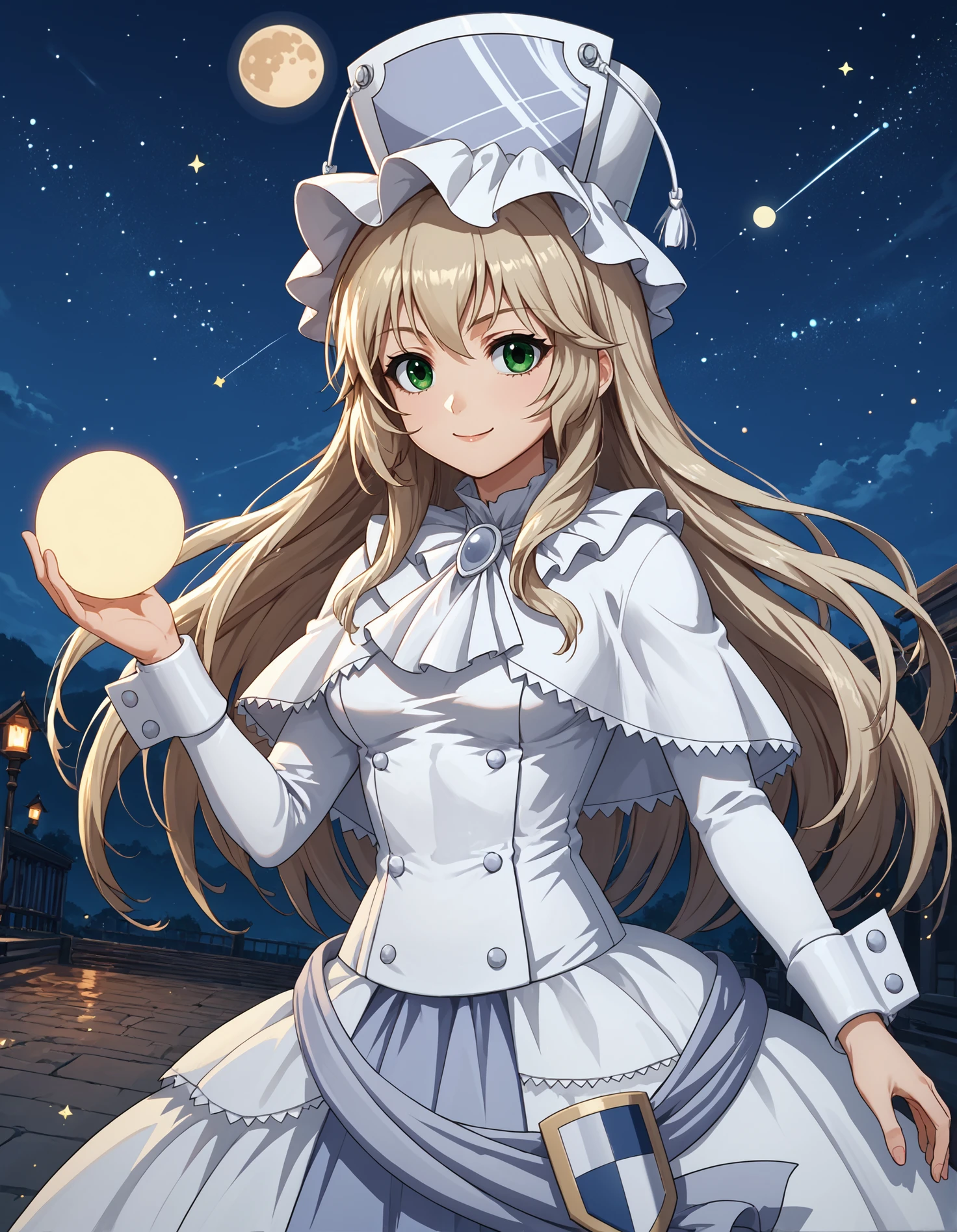 score_9, score_8_up, source_anime, 1girl, cowboy shot, detailed, dutch angle, pmmmorikomikuni, blonde hair, long hair, green eyes, white frilled hat, white ascot, white capelet, white dress, long sleeves, wrist cuffs, decorative skirt shield, dynamic pose, hand up, light smile, sparkles, sky background, outdoors, night, stars, moon, (side view:0.65),  <lora:pmmmorikomikuni_XL:0.9>