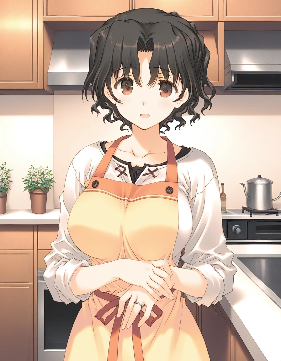 general,highres, ultra-detailed,very aesthetic,best quality ,best hands, BREAK <lora:Yuzuhara_Haruka_IS:1>Yuzuhara_Haruka, 1girl,solo, short hair, black hair, brown eyes, wavy hair, large breasts, mitsumi misato style,
solo, kitchen, jewelry, apron, ring, smile, mature female, open mouth, looking at viewer, indoors, :d, wedding ring, long sleeves, red eyes, shirt, yellow apron, counter, collarbone, sleeves rolled up, white shirt,