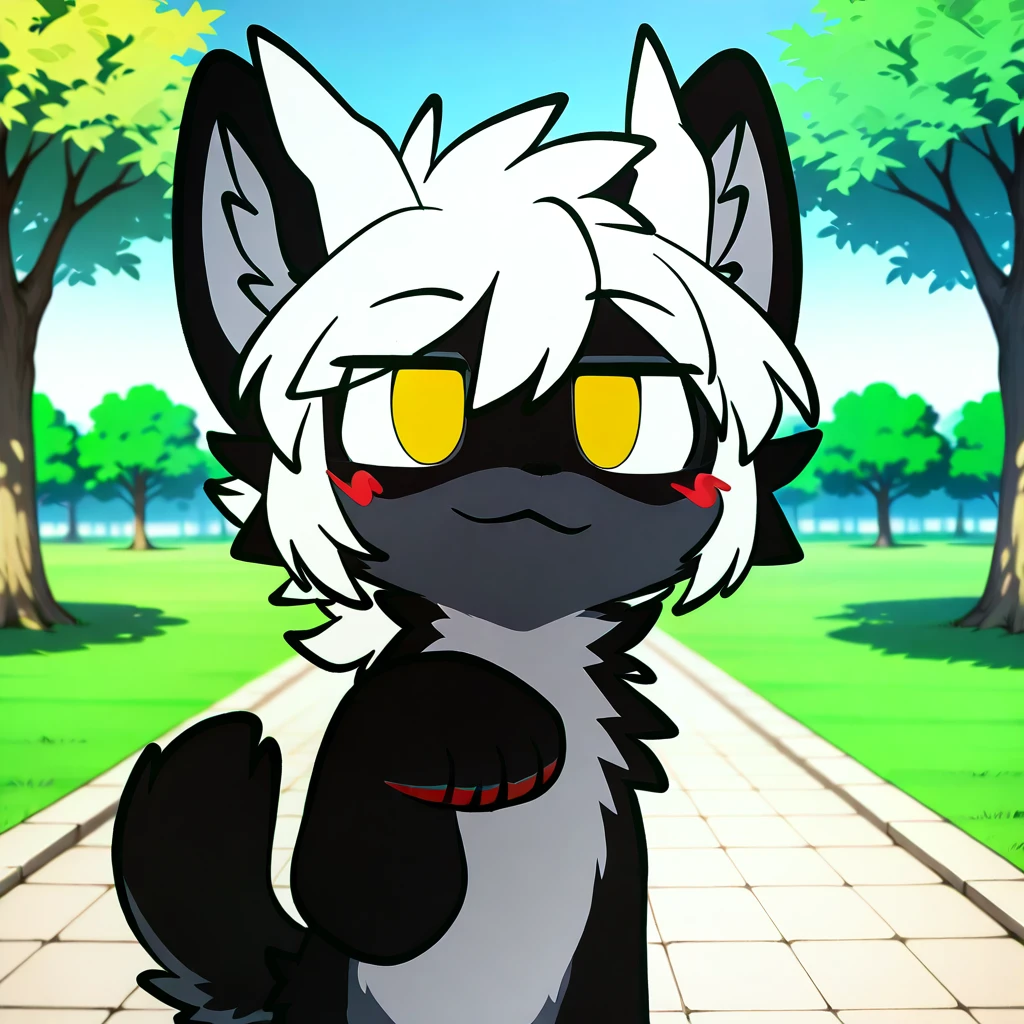 (2024, very aesthetic, newest, best quality, masterpiece,),
furry, black fur, white horns, white hair, yellow eyes, dragon, 1boy, solo, male, nude
mikus-concept, looking at viewer, :3, blush, paw raised, park, park background