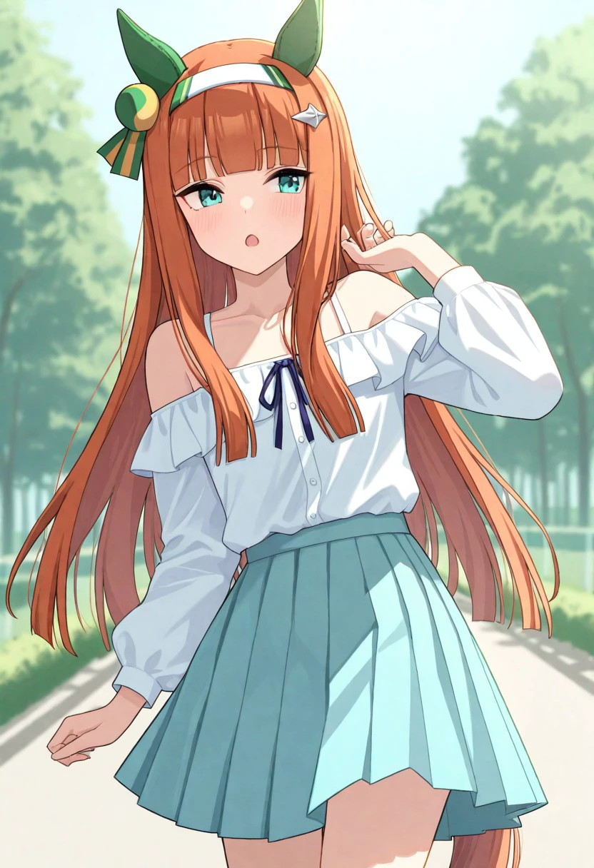 masterpiece, best quality, 32k, high resolution, absurdres, silence suzuka (umamusume), shirt, headband, standing, cowboy shot, skirt, collarbone, long sleeves, outdoors, bare shoulders, open mouth