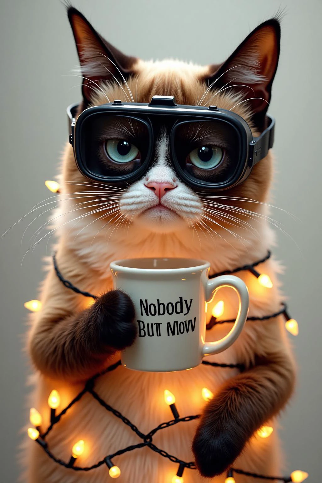 Grumpy Cat, holding a coffee mug, wearing a bulky VR Headset. The mug has the phrase "NobodyButMeow" printed, She has Christmas lights wrapped all around the body.<lora:808041210183780718:0>