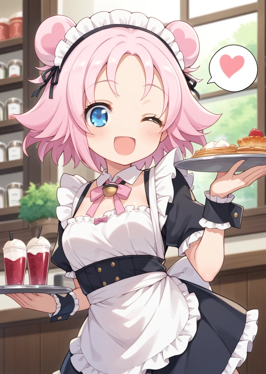 score_9, score_8_up, score_7_up, score_6_up, score_5_up, labra, blue eyes, pink hair, short hair, double bun, 1girl, solo, smile, open mouth, one eye closed, spoken heart, maid outfit, maid headdress, tray, cafe,