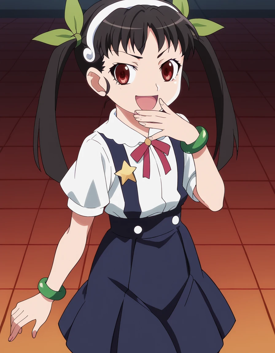 score_9, score_8_up, score_7_up, source_anime, <lora:mayoi-hachikuji-offmonster-ponyxl-lora-nochekaiser:1>, mayoi hachikuji, long hair, black hair, red eyes, ribbon, twintails, hair ribbon, hairband, anime screencap, skirt, jewelry, bag, star (symbol), bracelet, suspenders, green ribbon, suspender skirt,, ballroom, dance floor, chandeliers, formal wear, smile, <lora:ojou-sama-pose-ponyxl-lora-nochekaiser:1>, ojou-sama pose, laughing, smug, hand to own mouth, open mouth,, looking at viewer, solo,, dutch angle, cowboy shot