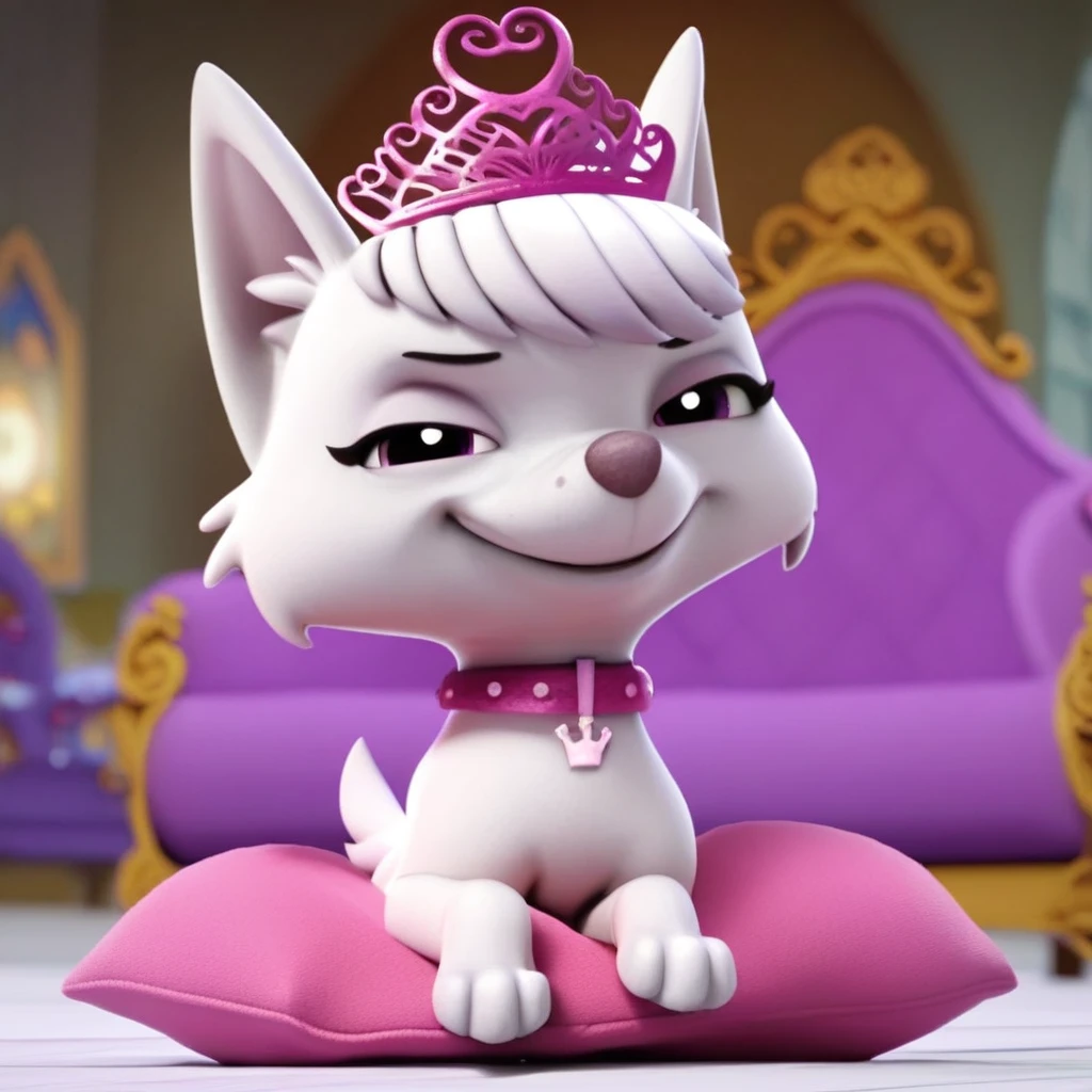 score_9, score_8_up, score_8, score_7, source_cartoon, Sweetie(pp), solo, 1girl, feral, dog, dog girl, West Highland White Terrier, white fur, bangs, pointed ears, short tail, pink eyes, small body, pink collar, crown shaped tag, pink tiara, 3d, full body, looking at viewer, sitting on pink pillow, smug look, coy smile, indoors, castle setting,