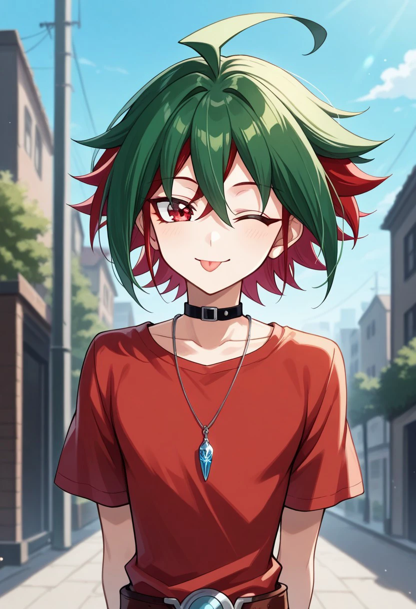 masterpiece, best quality, 
yuya, 1boy, male focus, solo, red eyes, multicolored hair, two-tone hair, green hair, red hair, ahoge, hair between eyes, spiked hair, bangs,  jewelry, necklace, pendant, choker, shirt, red shirt, short sleeves, upper body, happy,  smile, one eye closed, tongue out,
outdoor, sky