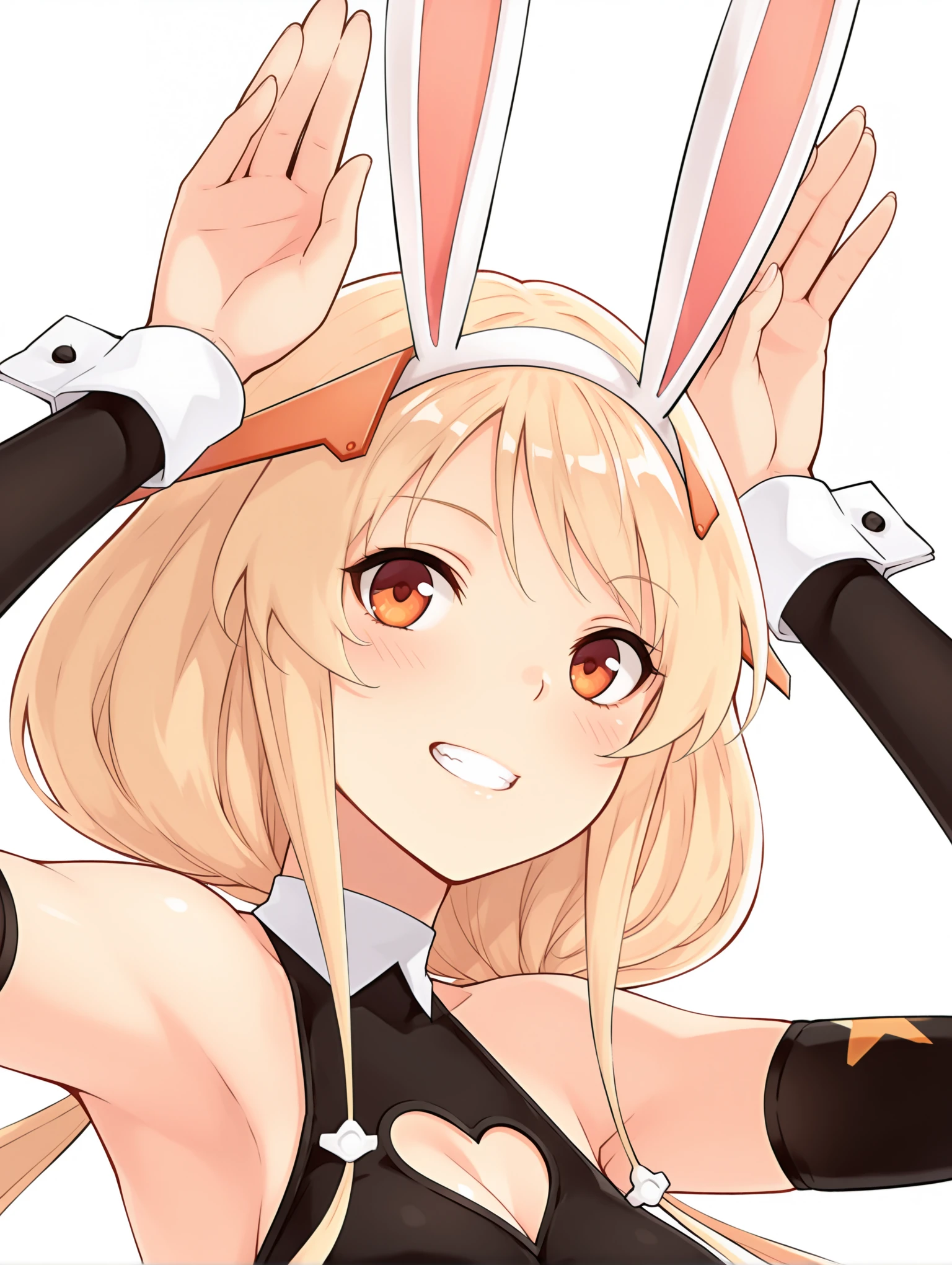 masterpiece,best quality,amazing quality,
solo,1girl,
<lora:bensen_ilxl_v1.1:1>,bensen,rabbit ears,blonde hair,hairband,low twintails,b_clothes,heart cutout,wrist cuffs,detached sleeves,
<lora:Fixhands_anime_bdsqlsz_V1:1>,grin,white_background,simple_background,profile,face_focus,bust,arm_above_head,rabbit pose,looking_at_viewer,light_blush,