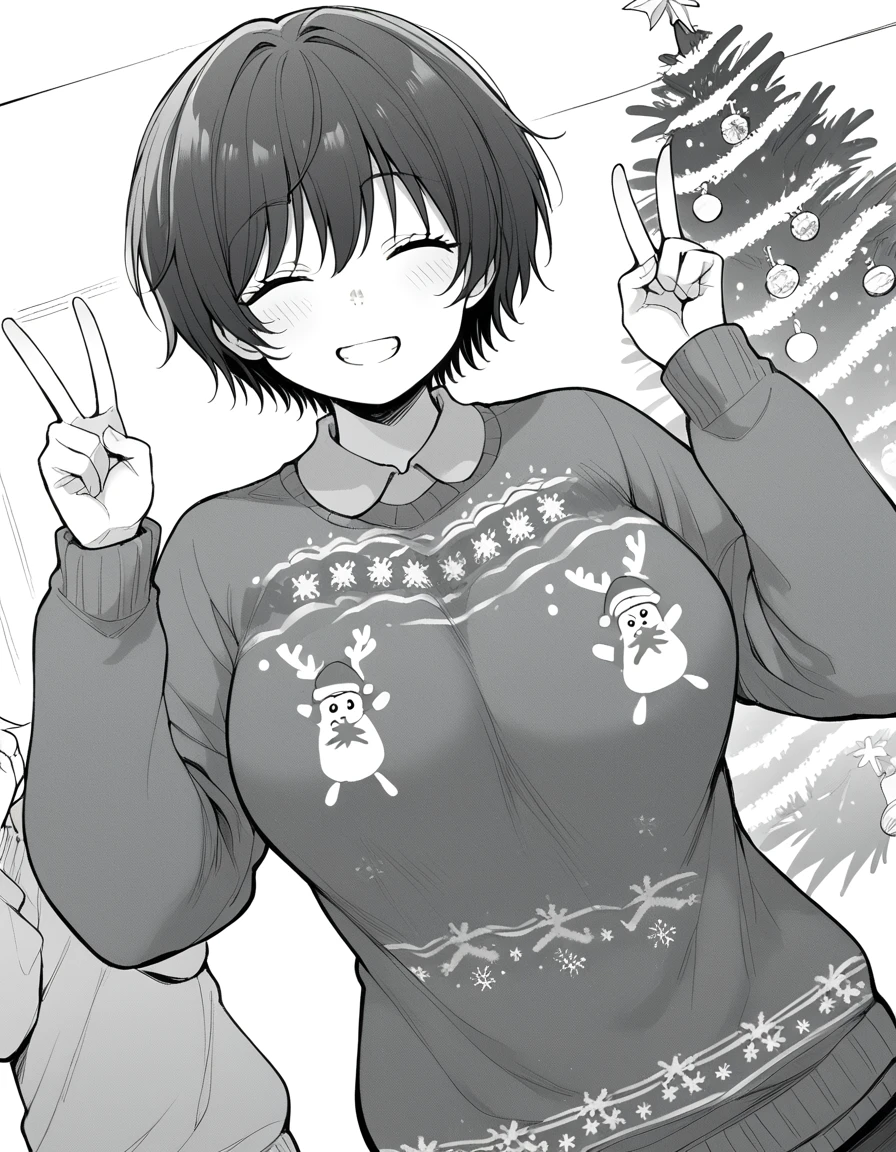 score_9, score_8_up, score_7_up, source_anime, <lora:tsubomi-haruno-manga-ponyxl-lora-nochekaiser:1>, tsubomi haruno, short hair, bright pupils, large breasts, monochrome, greyscale,, <lora:christmas-sweater-ponyxl-lora-nochekaiser:1>, christmas sweater, christmas, ugly sweater, print sweater, red sweater, christmas tree, christmas ornaments, sweater, multicolored sweater, , v, smile, hands up, teeth, closed eyes, cowboy shot,, , dutch angle, cowboy shot