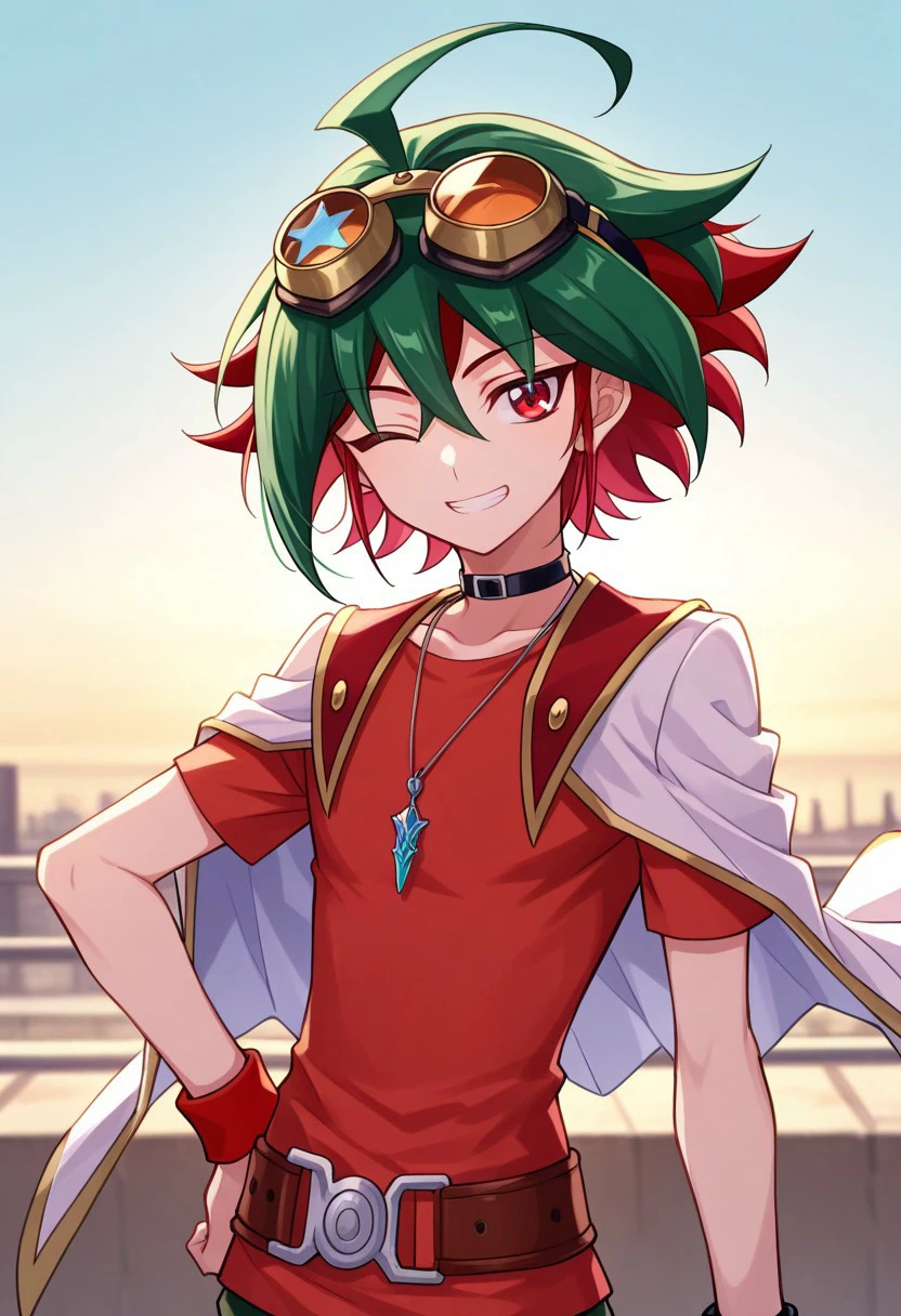 masterpiece, best quality, 
yuya, 1boy, male focus, solo, red eyes, multicolored hair, two-tone hair, green hair, red hair, ahoge, hair between eyes, spiked hair, bangs, goggles, goggles on head, jewelry, necklace, pendant, choker, shirt, red shirt, short sleeves, jacket, white jacket, jacket over shoulder, wristband, upper body, smile, teeth, one eye closed, happy
outdoor, sky