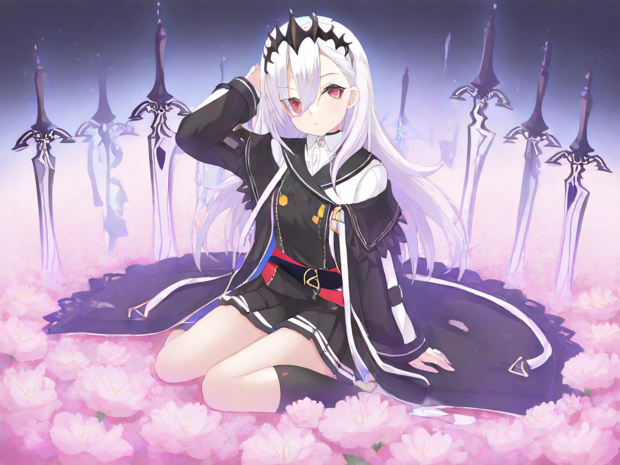 best quality, recent,  pastel_colors, watercolor_\(medium\),  flower field,  1girl, sumeragi setsuna, ongeki, red eyes, shooter dress, black uniform jacket, black coat, black diadem, arm up, planted sword, kneeling,  <lora:Setsuna/Illustrious/Sumeragi_Setsuna_-_Version_2>