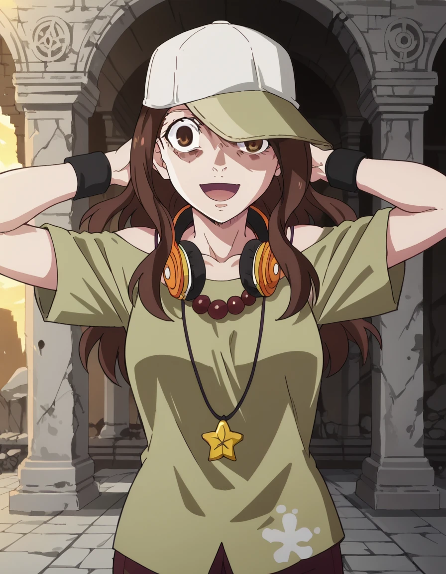 score_9, score_8_up, score_7_up, source_anime, <lora:izuko-gaen-offmonster-ponyxl-lora-nochekaiser:1>, izuko gaen, long hair, brown hair, brown eyes, medium breasts, anime screencap, shirt, hat, jewelry, pants, necklace, star (symbol), wristband, baseball cap, green shirt, headphones, headphones around neck,, ruins, old, stone, history, fallen, smile, <lora:shocked-black-guy-ponyxl-lora-nochekaiser:1> shocked black guy, open mouth, looking at viewer, hands behind head, shaded face,, looking at viewer, solo,, dutch angle, cowboy shot