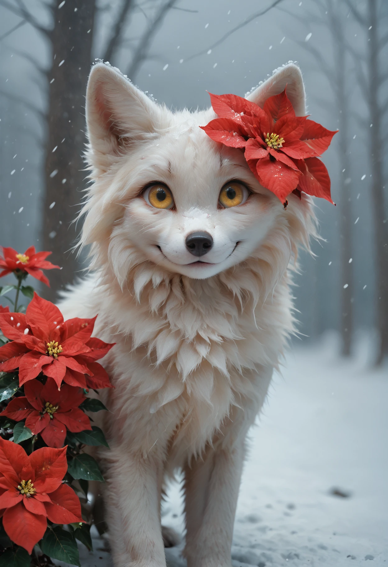 score_9, score_8_up, score_7_up, highly detailed, cute, feral fox, (white fur), yellow eyes, snowing, (red flower, poinsettia), close up <lora:Poinsettia_Pony:0.5> <lora:MegaFluffyPony:0.5>