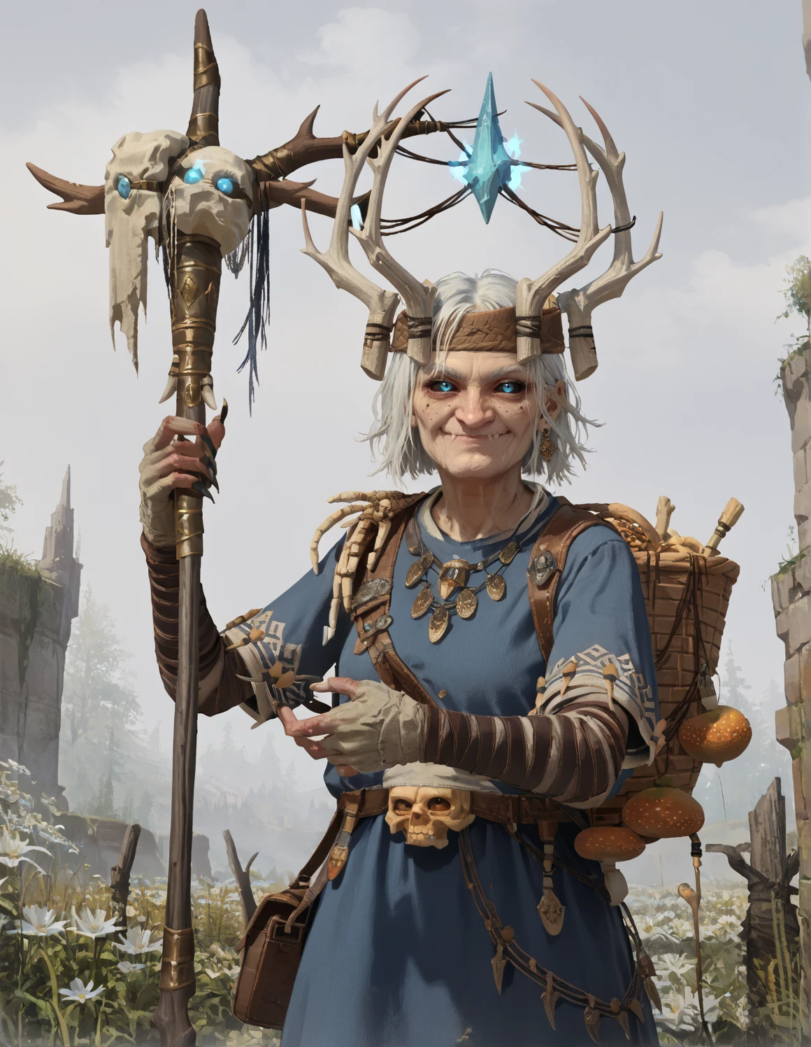 score_9, score_8_up, score_7_up,
Ostankya, old woman, blue dress, gloves, white hair, blue eyes, black sclera, horns, antlers, jewelry, long fingernails, holding staff, backpack basket,
looking at viewer, evil smile,
 <lora:Ostankya_PonyXL:0.8>