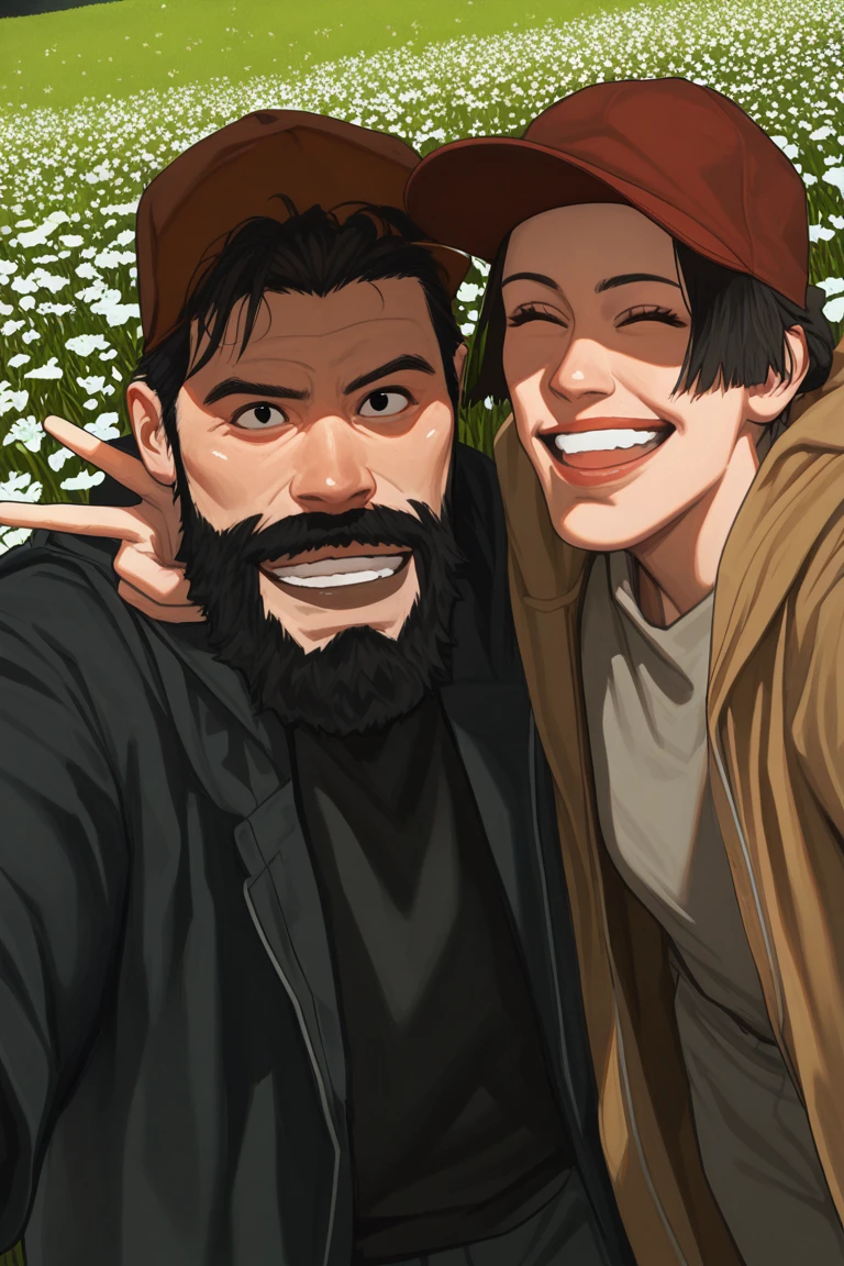 realistic shading, natural lighting, gay couple focus, couple selfie, looking at viewer, expressive face, HanaTG, brown_HanaTG_headwear, black_HanaTG_2ndmale hair, closed eyes, smiling, double v, 2ndboy, GinTG, black_GinTG_facial hair, black_GinTG_male hair, red_GinTG_hat, black eyes, 1stboy, shiny skin, cowboy shot, outdoors, flower field, grass, stone, dynamic angle, atmospheric perspective, depth of field, intricately detailed illustration, masterpiece, best quality, amazing quality, very aesthetic, absurdres, newest