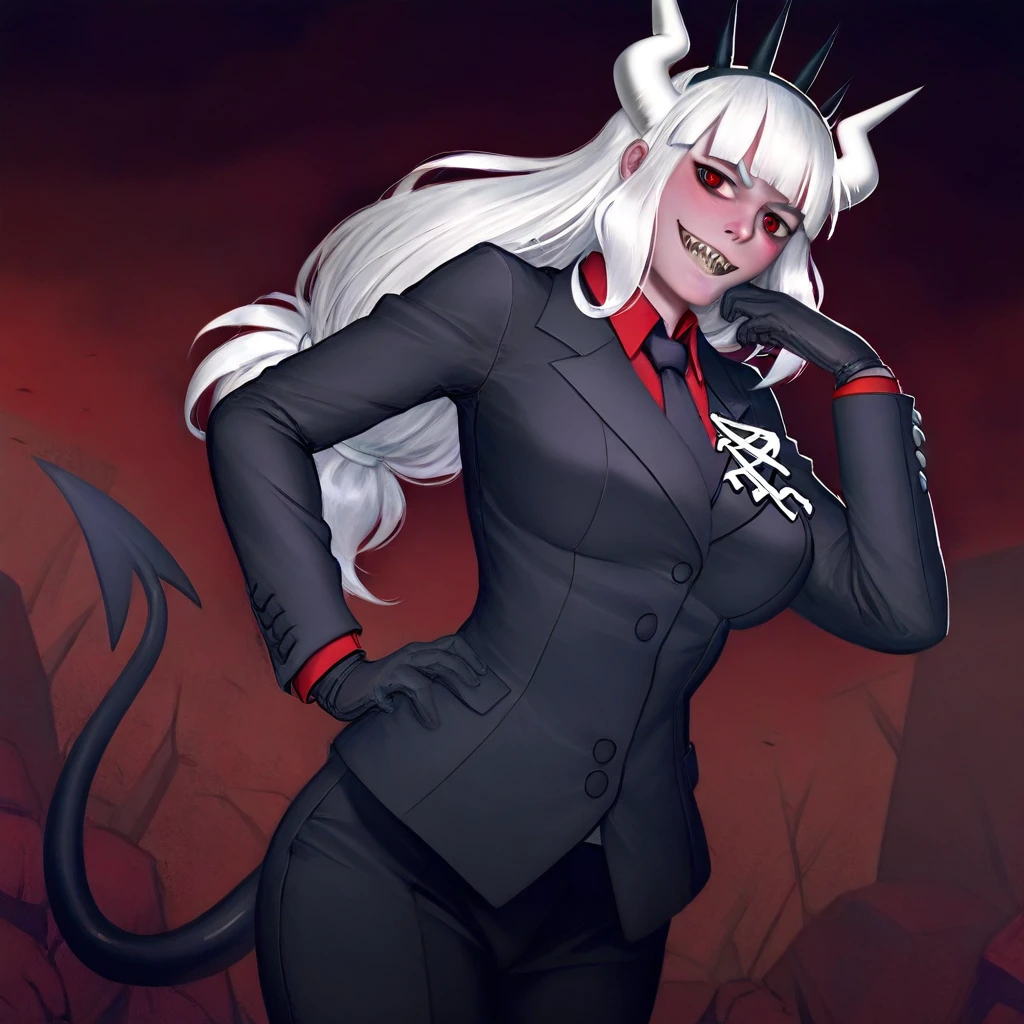 best quality, masterpiece, krysdeckerStyleIL, semi-realistic, 1girl, solo, lucifer \(helltaker\), black suit, red necktie, black collared shirt, black gloves, blunt bangs, demon horns, demon girl, demon tail, sharp teeth, red eyes, white hair, long hair
