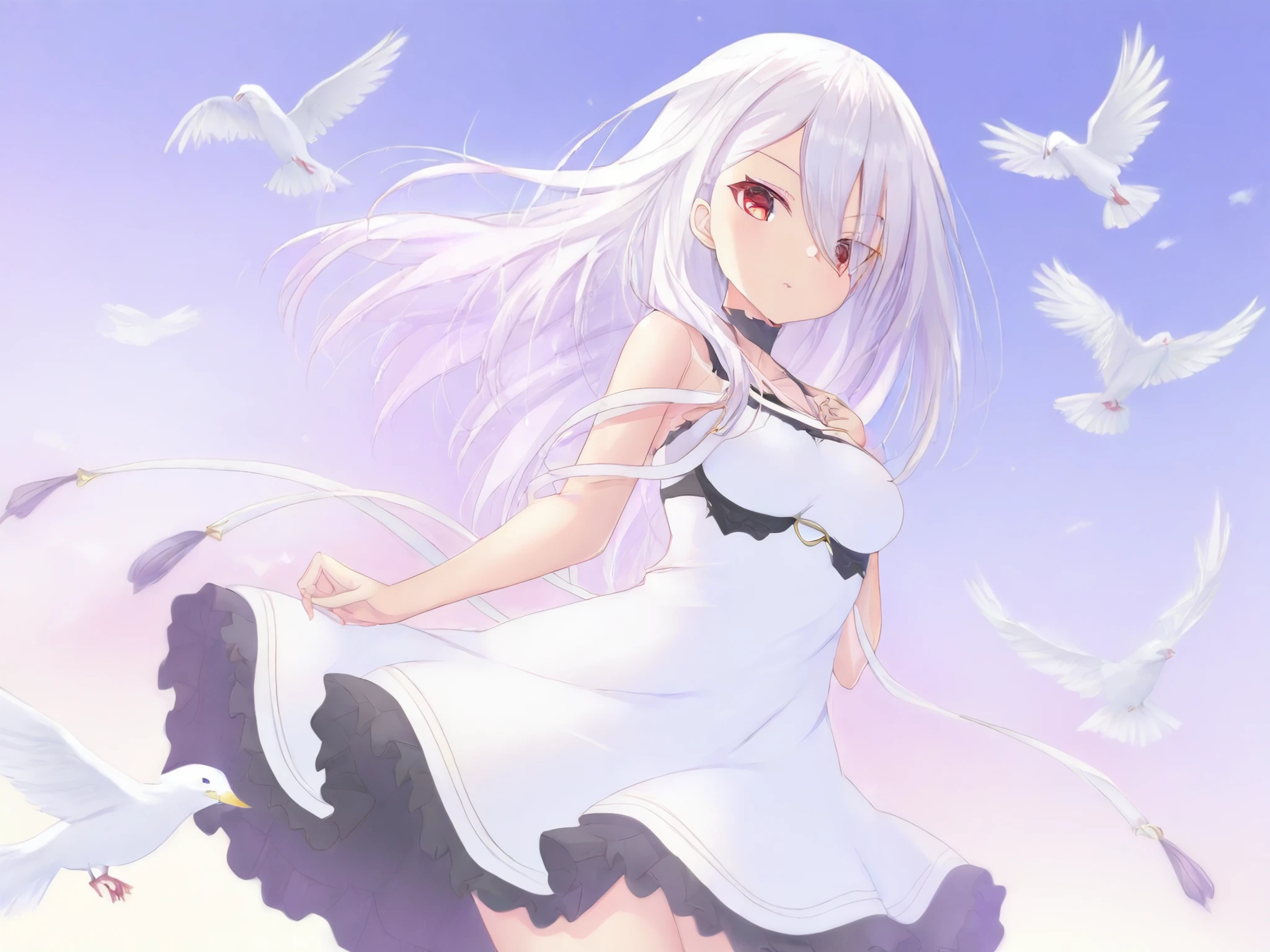 best quality, recent,  pastel_colors, watercolor_\(medium\),  1girl, sumeragi setsuna, ongeki, red eyes, white dress, freilled dress, white heels, dove, <lora:Setsuna/Illustrious/Sumeragi_Setsuna_-_Version_2>