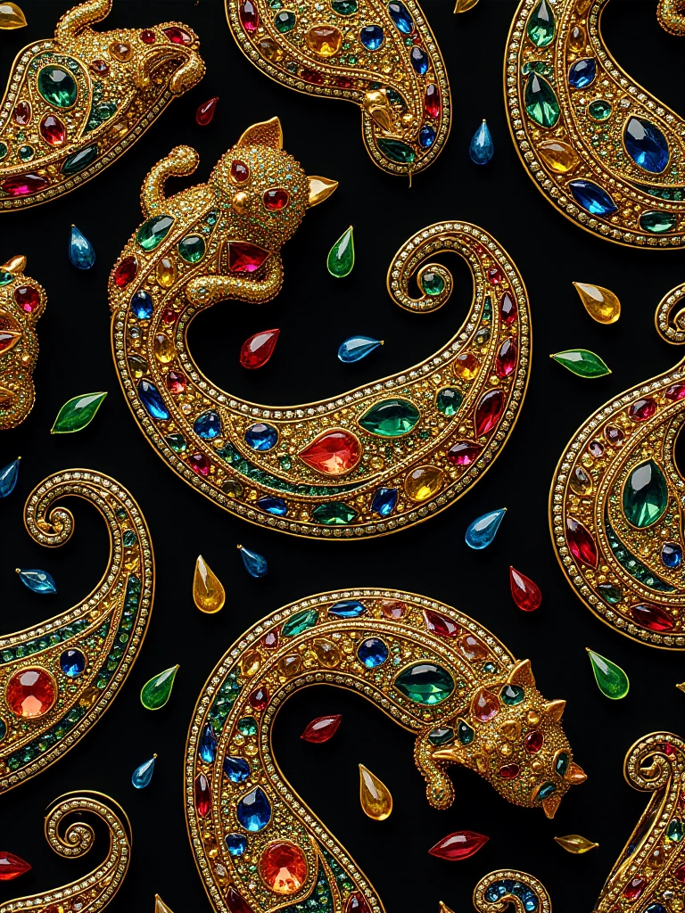 photo of golden jewery with encrusted gems forming little cats in paisley pattern showcases a stunning interplay of curves and intricate detail, harmoniously blending rich earthy tones with vibrant blues and greens. The geometric composition creates a rhythmic flow, black dropback. Many tear shaped motif