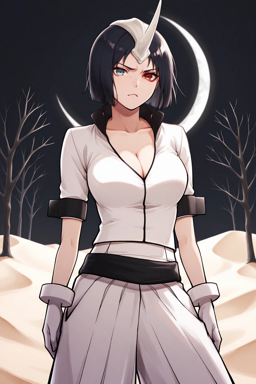 masterpiece, best quality, looking at viewer, frown, 1girl, 3m1l0u, heterochromia, blue eyes, red eyes, black hair, short hair, medium breasts, single horn, white jacket, collarbone, cleavage, short sleeves, arm cuffs, black belt, white pants, pleated pants, white gloves, contrapposto, outdoors, black sky, desert, white sand, moonlight, crescent moon, bare tree, hill, <lora:Hoseki_Bleach_EmilouApacci_IllustriousXL_v1:1>