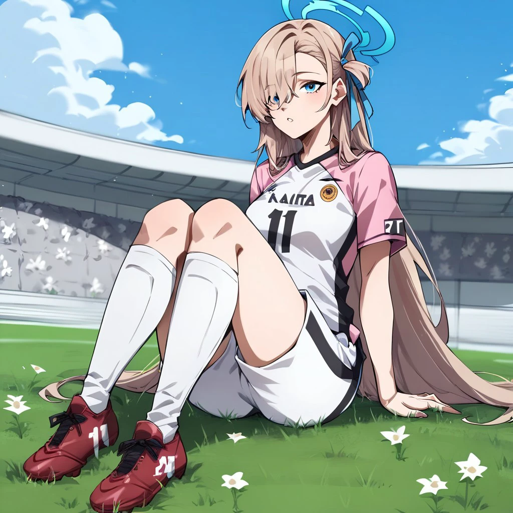 score_9, score_8_up, score_7_up, score_6_up, score_5_up, score_4_up, 1chn, breasts, blue halo, light brown hair, blue eyes, asymmetrical bangs, hair over one eye, very long hair, hair ribbon, bright pink soccer jersey, white soccer shorts, white knee socks, shin guards under socks, red cleats, looking up, three quarter view, field, grass, flowers