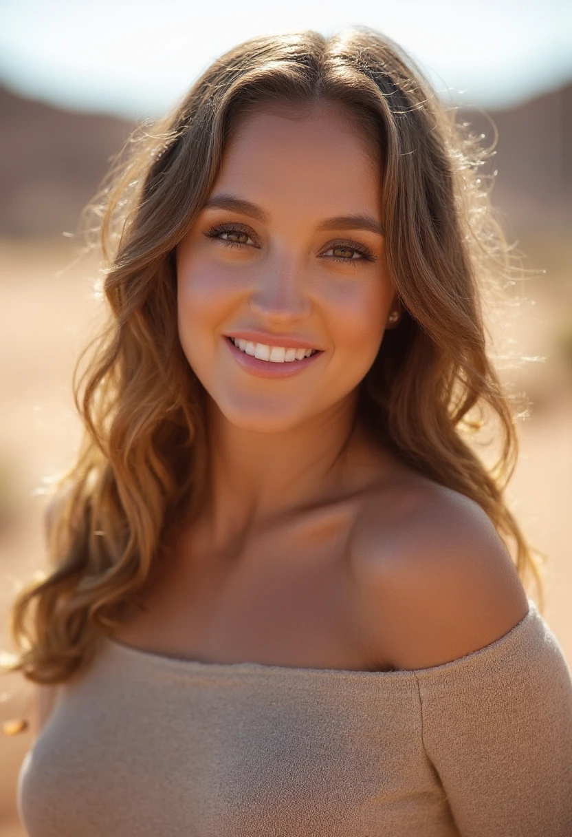 the image is a high-quality professional  close-up photograph of  beautiful jaclynswedberg .  She is wearing cashmere. She is looking directly at the viewer and smiling. The background is desert. This photo is a headshot. Shot with small amount of film grain. This is a SFW image. 