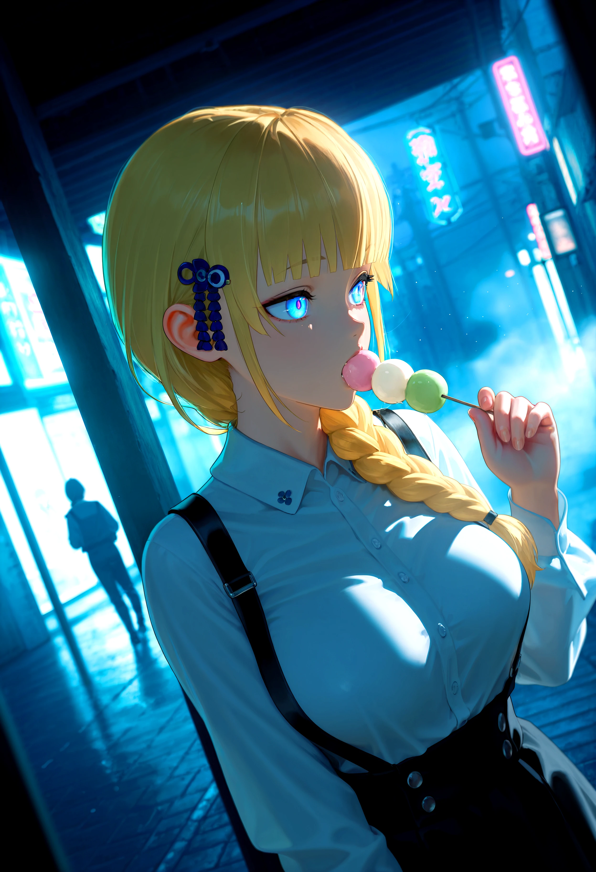 HDR, 8K, high contrast, masterpiece, best quality, amazing quality, very aesthetic, high resolution, ultra-detailed, absurdres, newest, scenery, crazy shadow, dynamic angle, chiaroscuro, close up, Dango, Dango on a stick, neon lights, gw_yui, 1girl, blue eyes, multicolored eyes, long hair, blonde hair, blunt bangs, braid, single braid, hair over shoulder, hair ornament, large breasts, shirt, long sleeves, black skirt, suspenders, eating, food, holding stick, looking away, cyberpunk, glowing, solo focus, fog, BREAK, photorealistic, beautiful detailed eyes, detailed skin, detailed hair, volumetric lighting, dappled light, light particles, dramatic shadows, cinematic lighting, photo background, depth of field, <lora:IL\KMS_GW_Yui_IL:0.8>