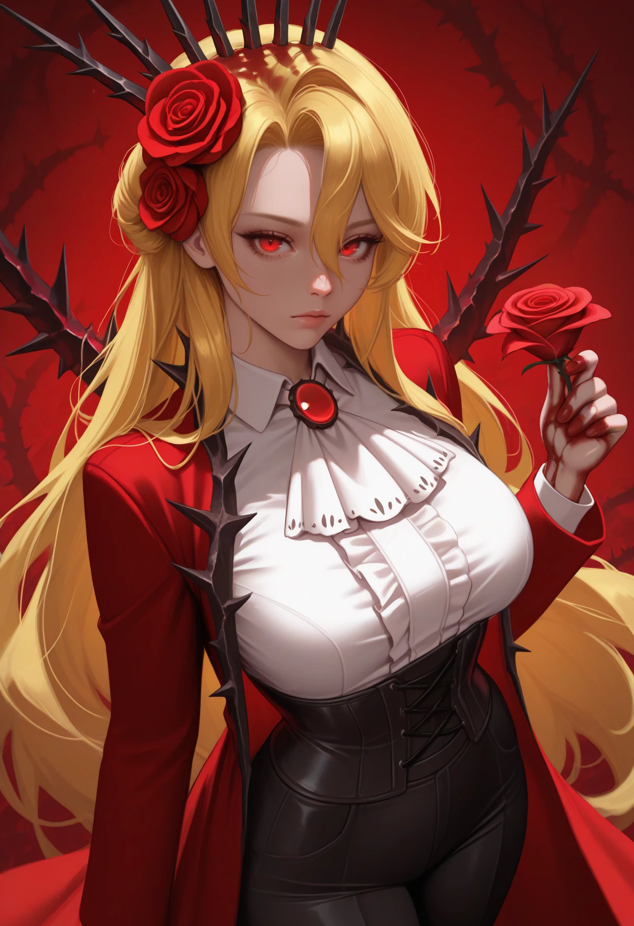 masterpiece, best quality, realistic, solo, 1girl, dnqxmrcl, expressionless, looking at viewer, standing, holding flower, blood on hands, blonde hair, hair between eyes, hair flower, red rose, crown, red eyes, red coat, open coat, long sleeves, white shirt, collared shirt, center frills, white ascot, brooch, red gemstone, black corset, black pants, red theme, red background, thorns
<segment:yolo-Anzhc Face seg 640 v2 y8n.pt,0.4,0.5//cid=1>