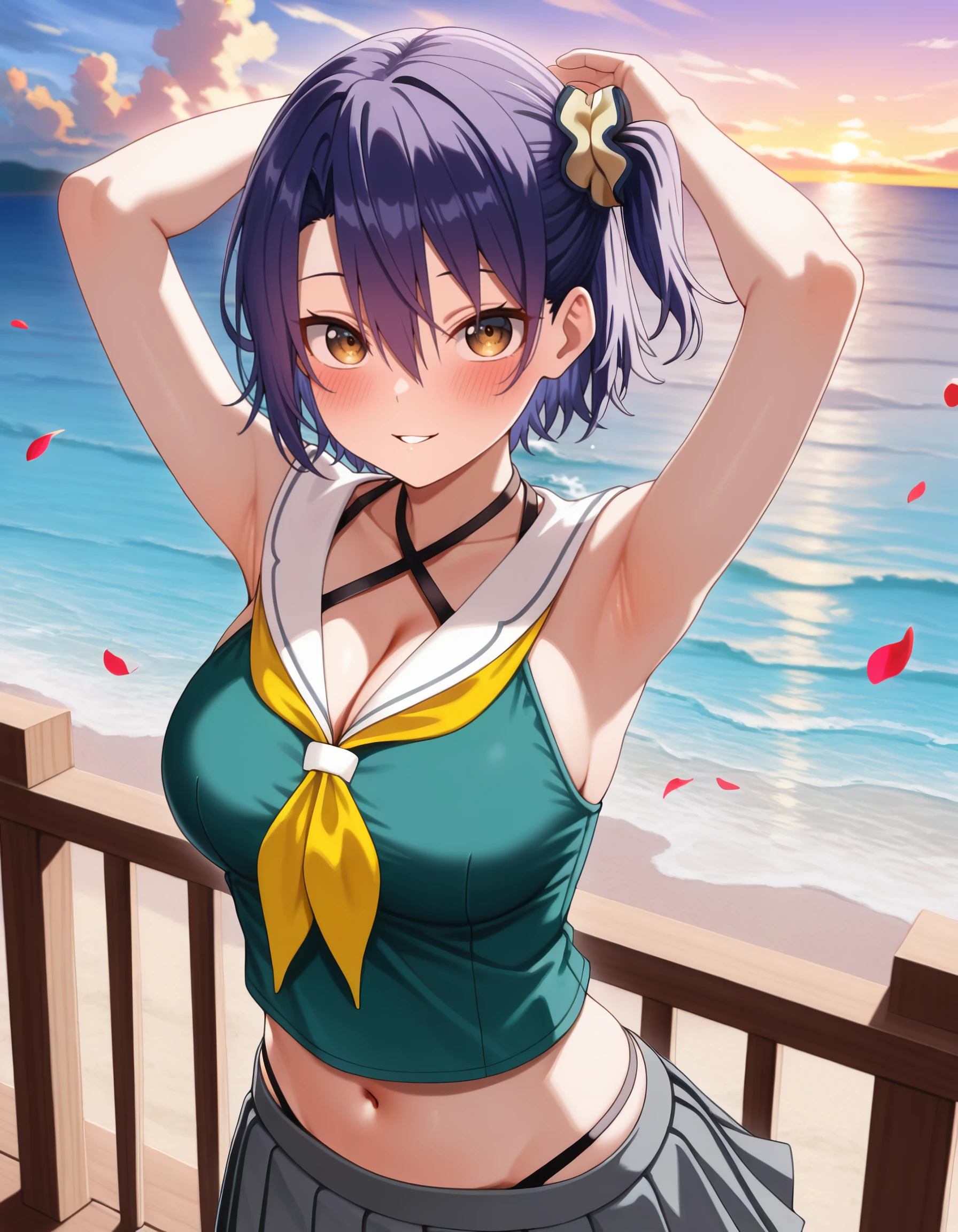 masterpiece, best quality, amazing quality, akischool, short_hair, blue_hair, purple_hair, hair_between_eyes, one_side_up,  brown_eyes, yellow_eyes, hair_scrunchie, school_uniform, green_shirt, white_sailor_collar, yellow_neckerchief,  pleated_skirt, grey_skirt, socks, kneehighs, shoes, by_yomare, navel, long_bangs, blush, armpits, 1girl, cloud, arms_up, criss-cross_halter, smile, falling_petals, bare_shoulders, looking_at_viewer, parted_lips, ocean, large_breasts, panty_straps, breasts, railing, stomach, beach, denim, petals, cleavage, upper_body, solo, halterneck, flower  <lora:seirei_gensouki_-_aki_sendou_il:1>