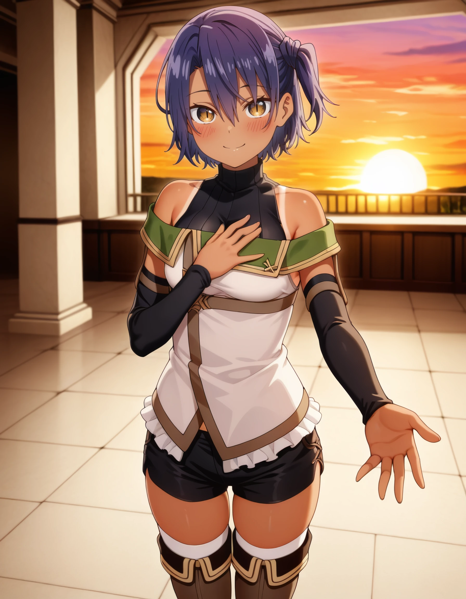 masterpiece, best quality, amazing quality,  akigreen, short_hair, blue_hair, purple_hair, hair_between_eyes, one_side_up,  brown_eyes, yellow_eyes, off_shoulder, detached_sleeves, brown_clove,turtleneck, multicolored_shirt, black_shorts, short_shorts, zettai_ryouiki, white_thighhighs, thigh_boots, brown_footwear,  <lora:seirei_gensouki_-_aki_sendou_il:1>, by_reiwa_rerere, breasts, solo, white_collar, hand_on_own_chest, lace_trim, large_breasts, blush, 1girl, upper_body, dragon_girl, cleavage, outstretched_hand, twintails, tanlines, smile, collar, tan, slit_pupils, closed_mouth, armpits, looking_at_viewer, sunset, museum, colored_pencil_\(medium\)