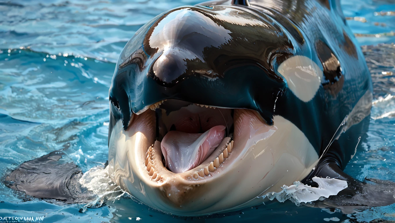 <lora:Orca_maw:1>, orca-maw, giant feral orca, open mouth, saliva, teeth, tongue, blue eyes, water, (score_9, score_8, score_7, score 6),  high quality, best quality, rated_explicit,