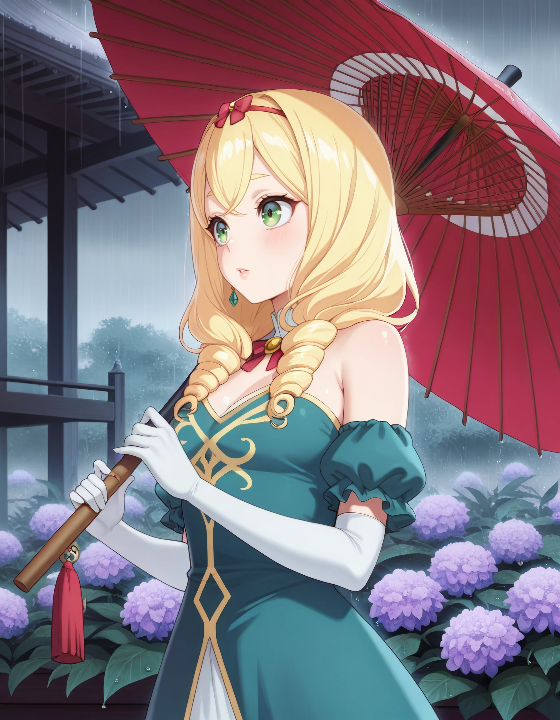 masterpiece, best quality, amazing quality, roanna_fontaine, long_hair, blonde_hair, hairband, twin_drills, green_eyes, red_bow, green_dress, short_sleeves, puffy_sleeves, elbow_gloves, white_gloves, <lora:seirei_gensouki_-_roanna_fontaine_il:1>, by_emurina, oil-paper_umbrella, umbrella, holding_umbrella, flower_knot, earrings, lips, holding, tassel, cowboy_shot, eyelashes, parted_lips, jewelry, one_eye_covered, solo, bare_shoulders, 1girl, leaf, o-ring, parted_bangs, looking_to_the_side, light_blush, strapless, rain, floating_earring, cafeteria