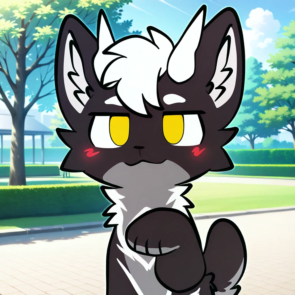 (2024, very aesthetic, newest, best quality, masterpiece,),
furry, black fur, white horns, white hair, yellow eyes, dragon, 1boy, solo, male, nude
mikus-concept, looking at viewer, :3, blush, paw raised, park, park background